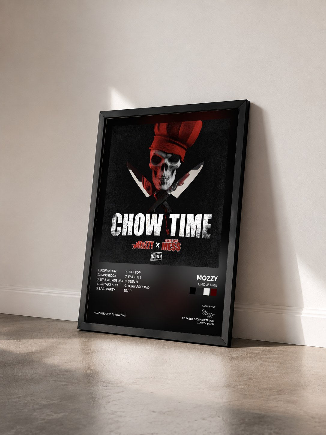 #noir Tableau de l'album Chow Time de Mozzy vu de trois quarts, cadre noir