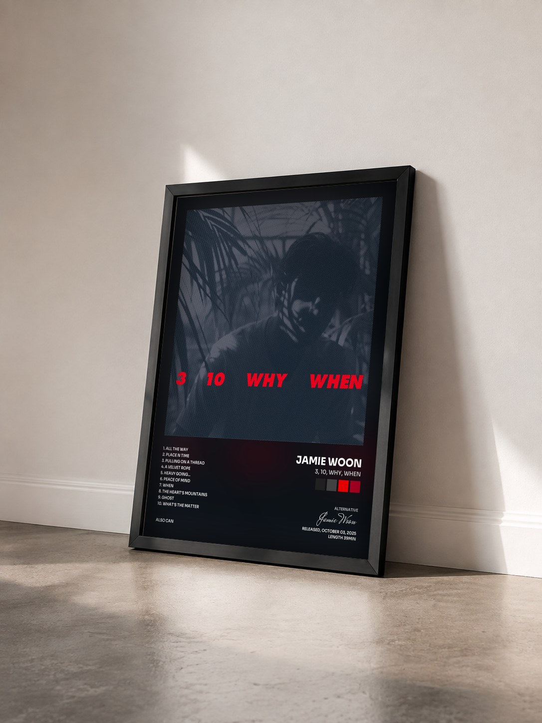 #noir Tableau de l'album 3, 10, Why, When de Jamie Woon vu de trois quarts, cadre noir
