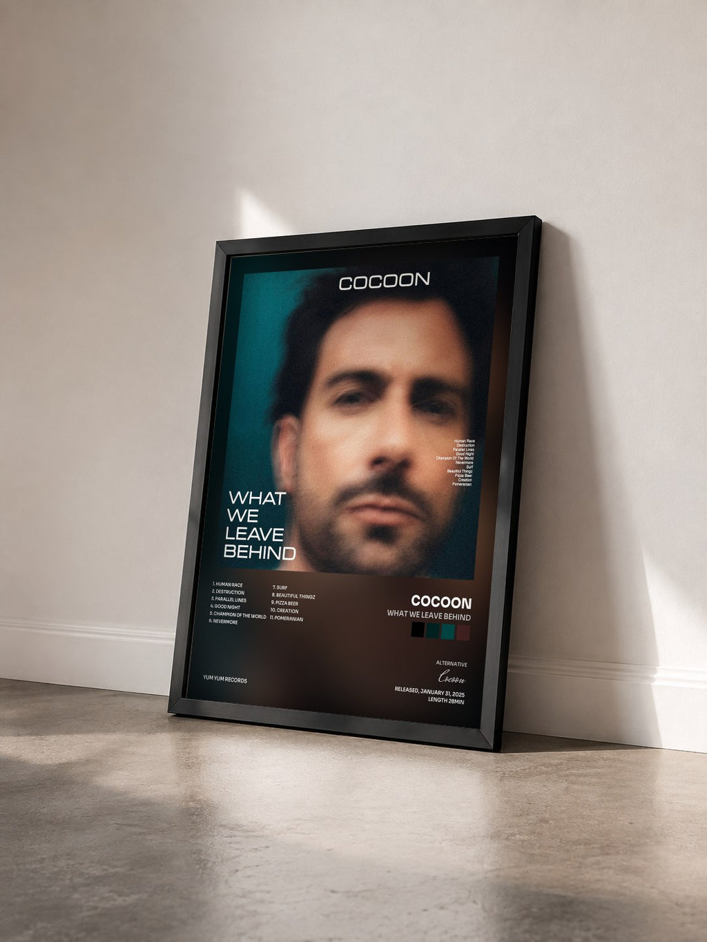 #noir Tableau de l'album What We Leave Behind de Cocoon vu de trois quarts, cadre noir