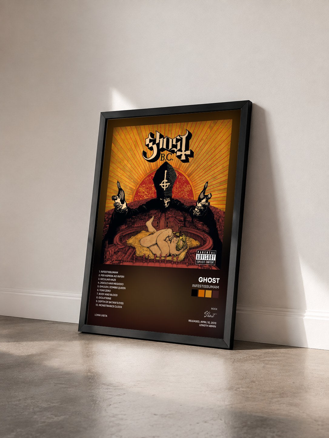 #noir Tableau de l'album Infestissumam de Ghost vu de trois quarts, cadre noir