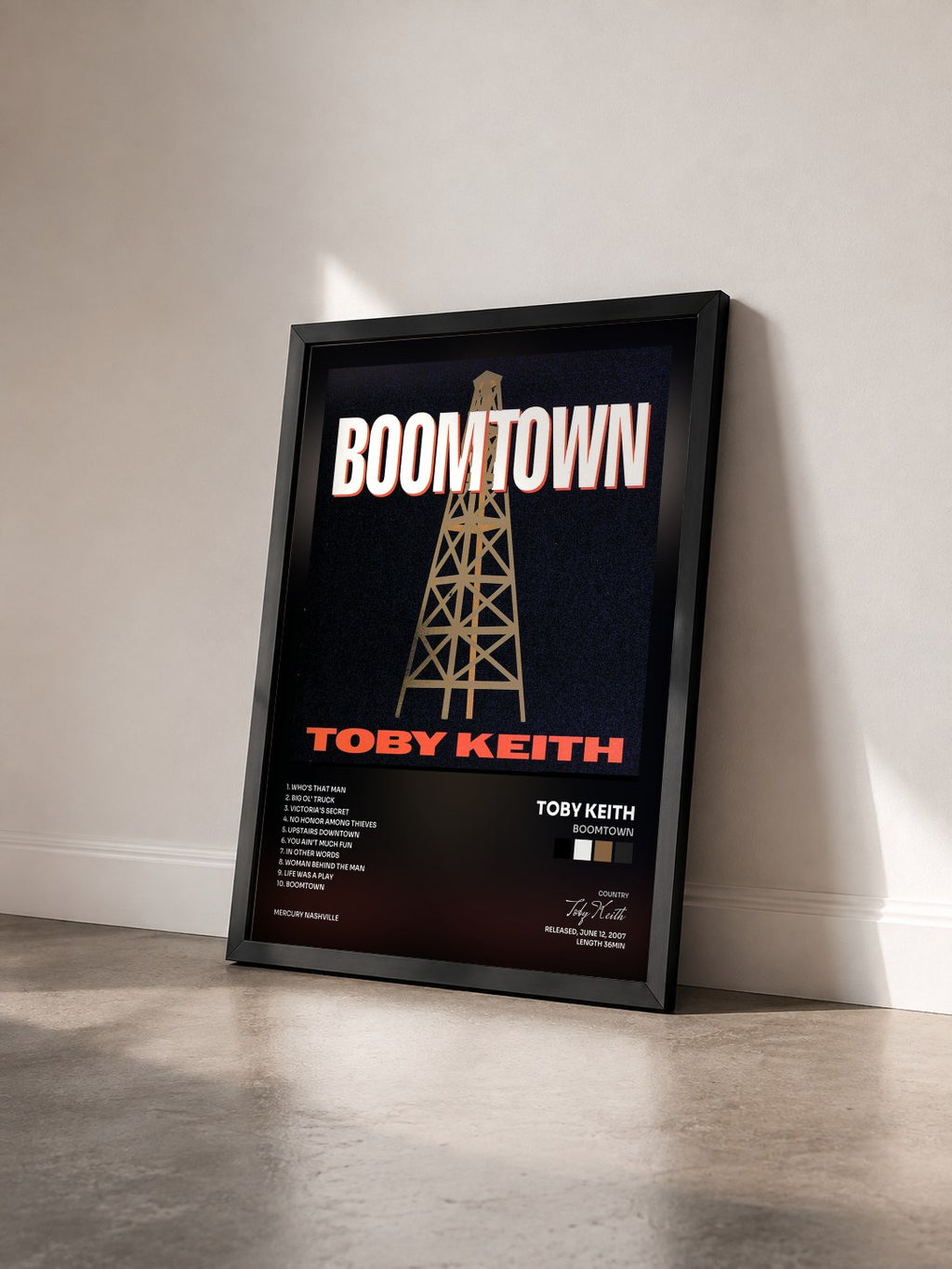 #noir Tableau de l'album Boomtown de Toby Keith vu de trois quarts, cadre noir
