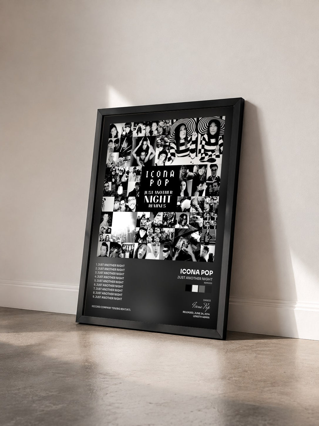 #noir Tableau de l'album Just Another Night (Remixes) de Icona Pop vu de trois quarts, cadre noir