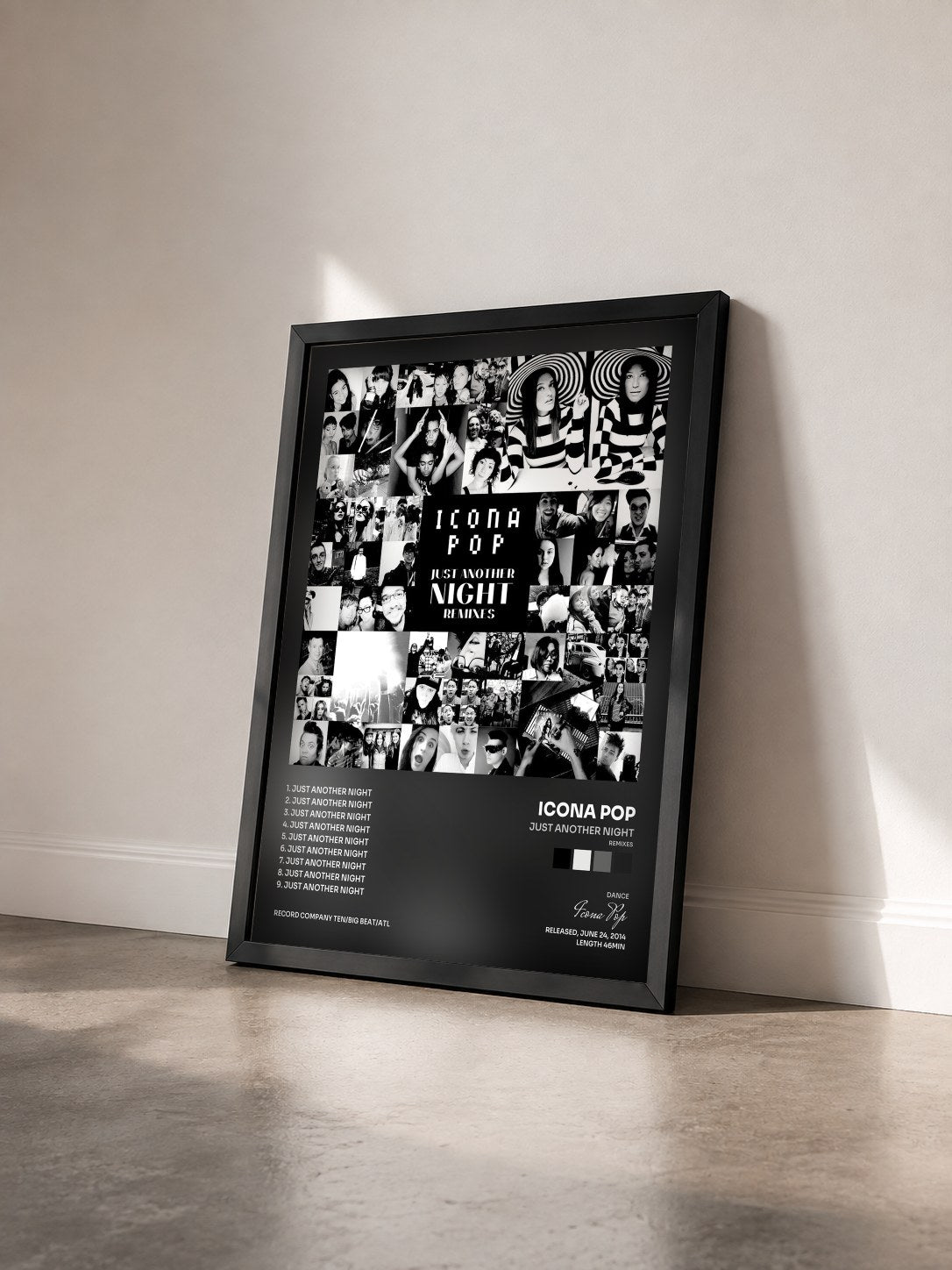 #noir Tableau de l'album Just Another Night (Remixes) de Icona Pop vu de trois quarts, cadre noir