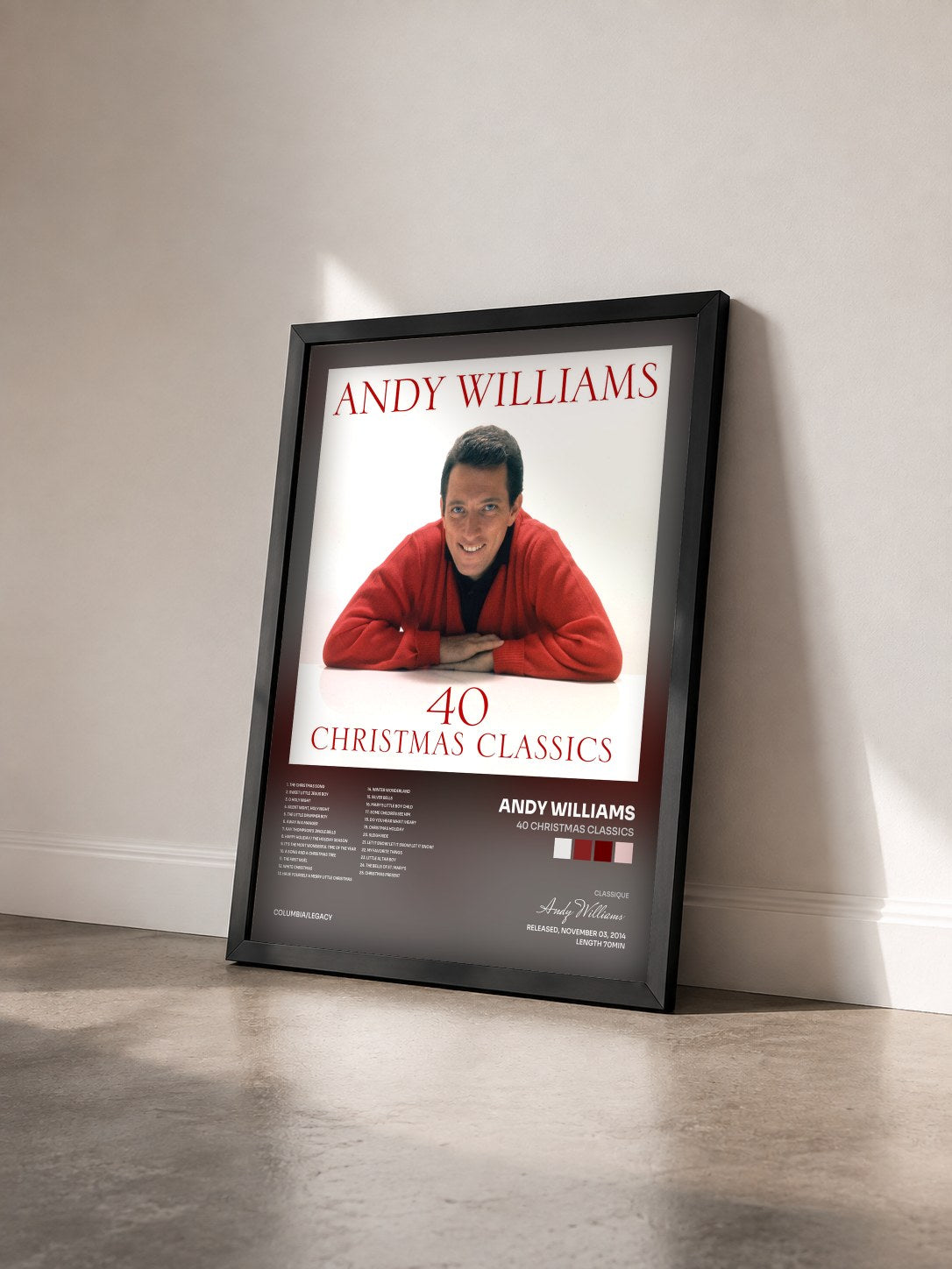 #noir Tableau de l'album 40 Christmas Classics de Andy Williams vu de trois quarts, cadre noir