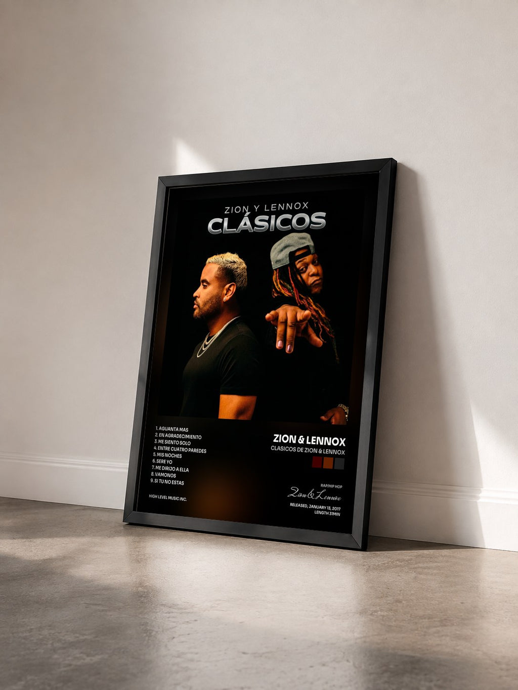 #noir Tableau de l'album Clasicos de Zion & Lennox de Zion & Lennox vu de trois quarts, cadre noir