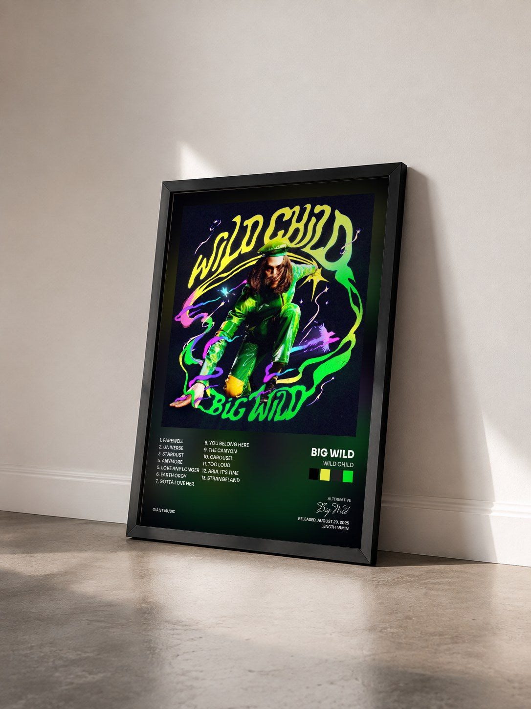 #noir Tableau de l'album Wild Child de Big Wild vu de trois quarts, cadre noir