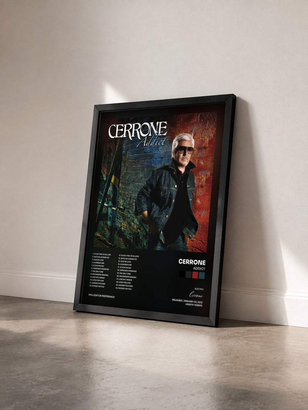 #noir Tableau de l'album Addict de Cerrone vu de trois quarts, cadre noir