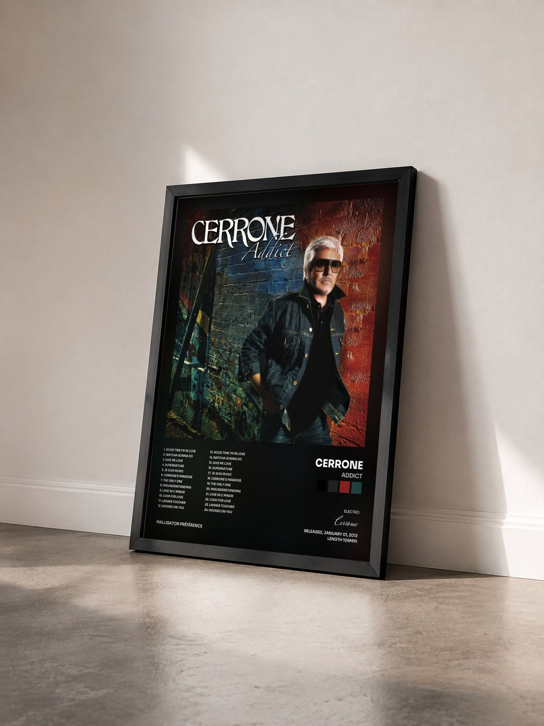 #noir Tableau de l'album Addict de Cerrone vu de trois quarts, cadre noir