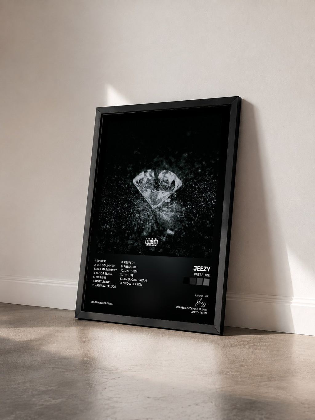#noir Tableau de l'album Pressure de Jeezy vu de trois quarts, cadre noir