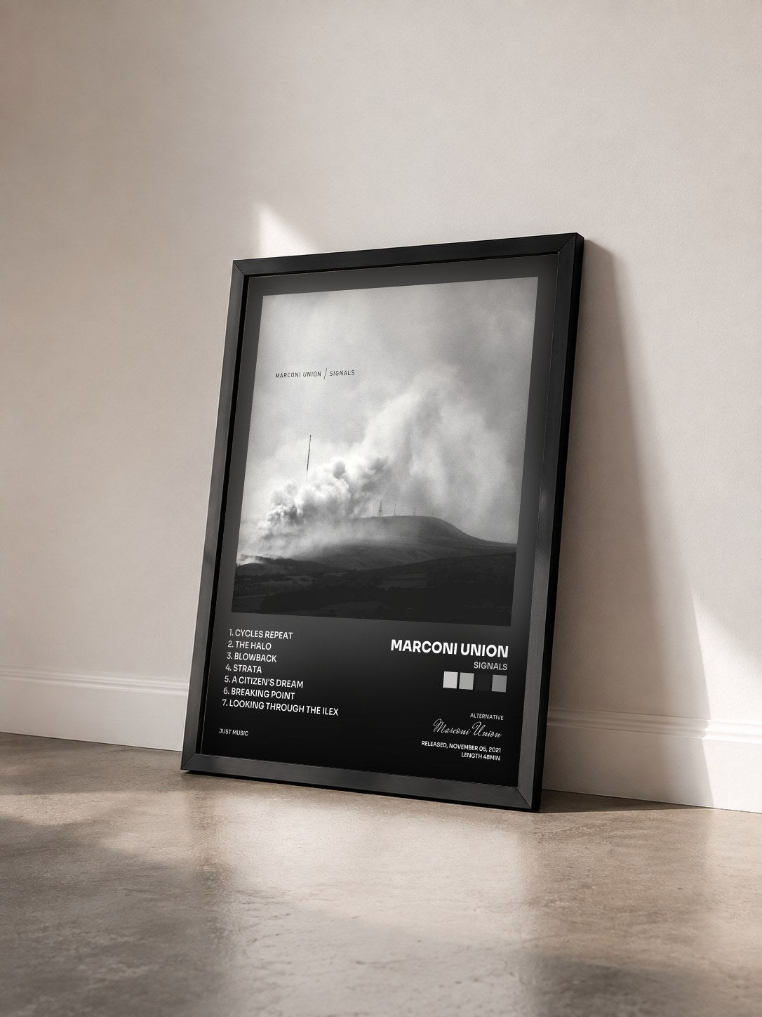 #noir Tableau de l'album Signals de Marconi Union vu de trois quarts, cadre noir