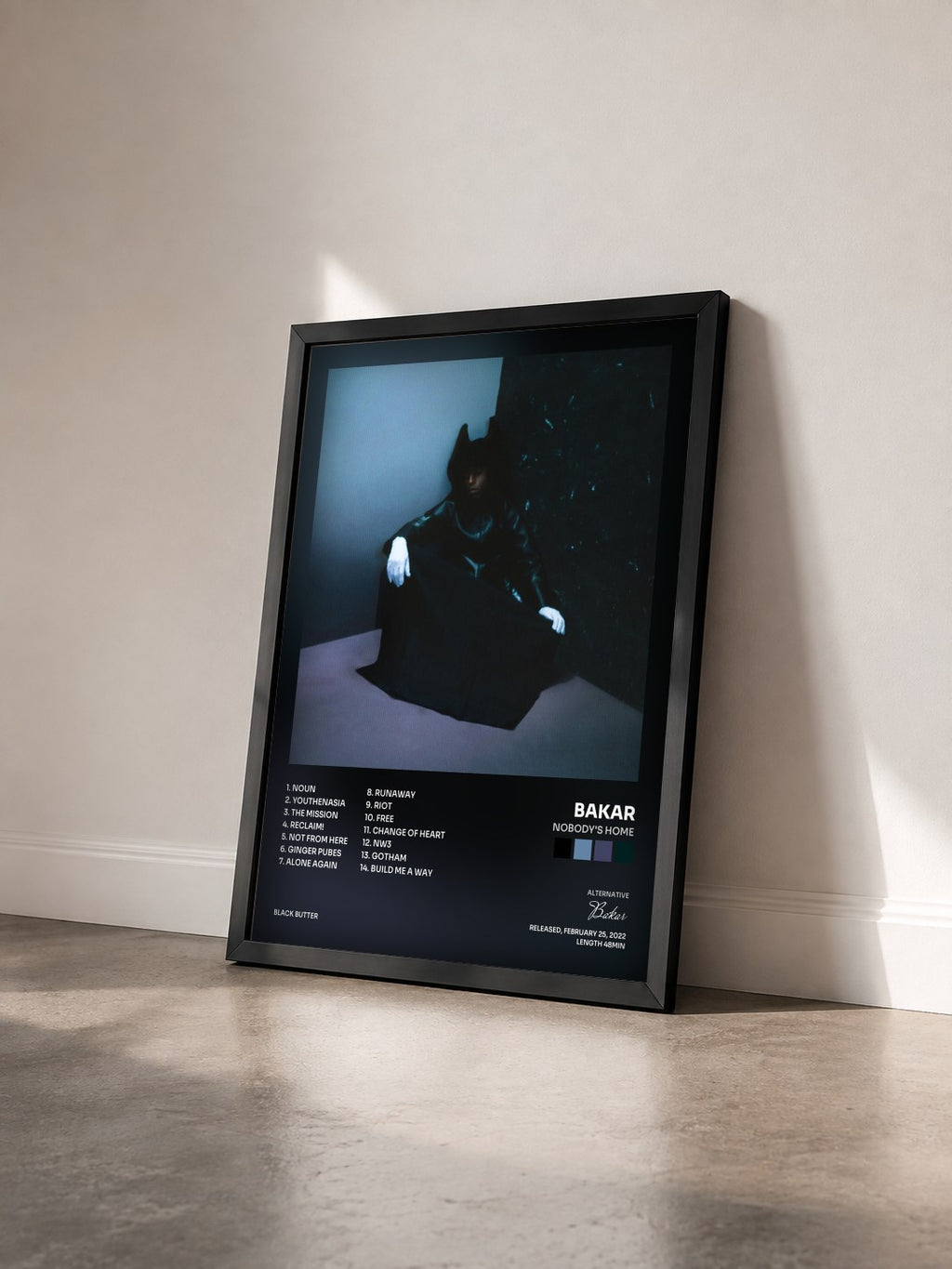 #noir Tableau de l'album Nobody's Home de Bakar vu de trois quarts, cadre noir