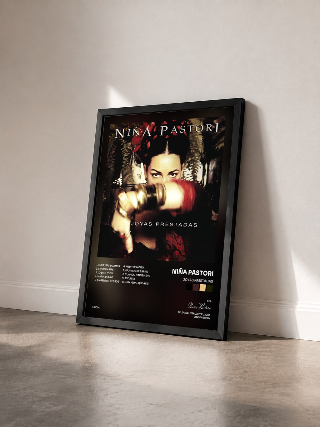 #noir Tableau de l'album Joyas Prestadas de Niña Pastori vu de trois quarts, cadre noir