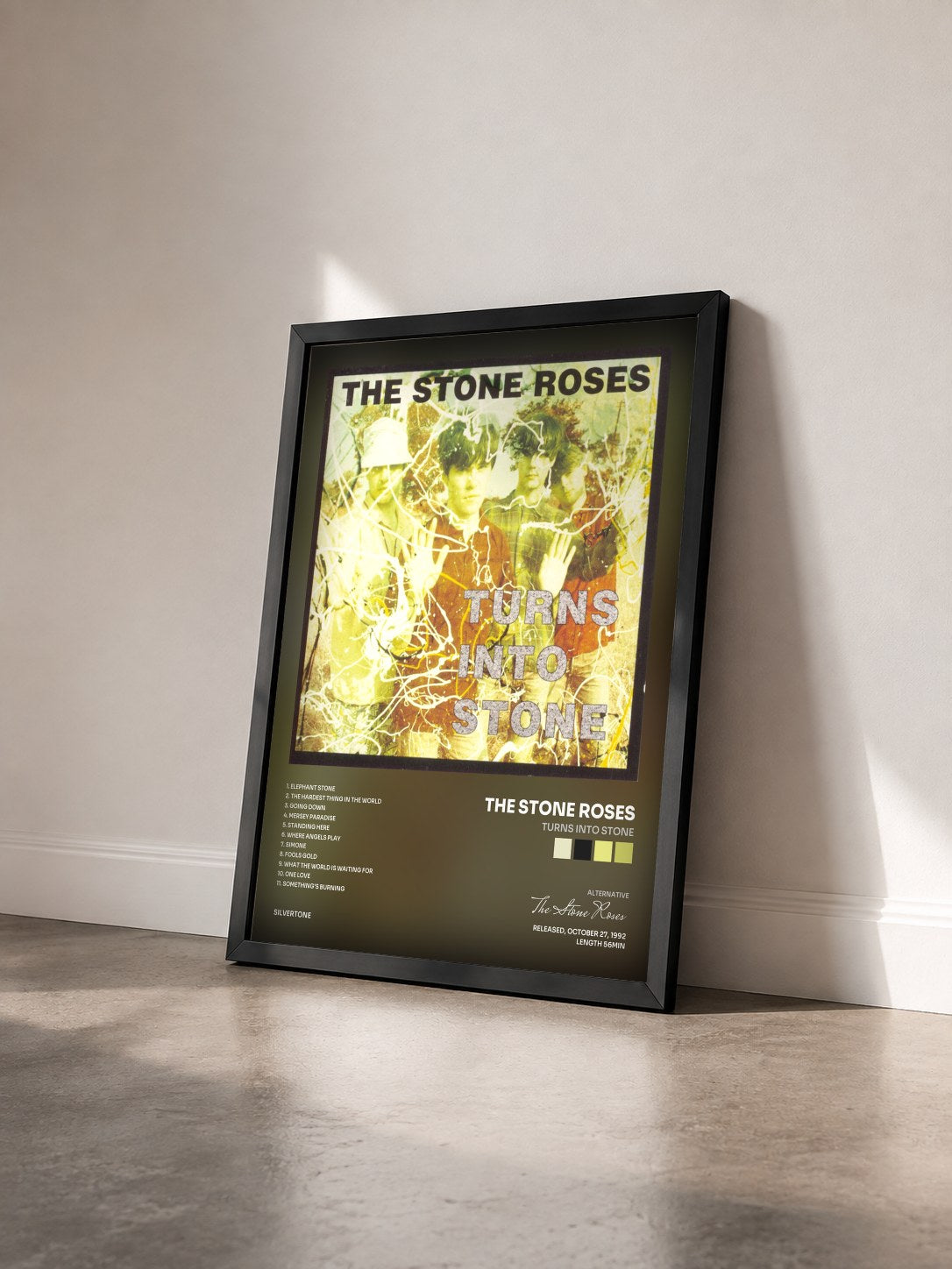 #noir Tableau de l'album Turns Into Stone de The Stone Roses vu de trois quarts, cadre noir