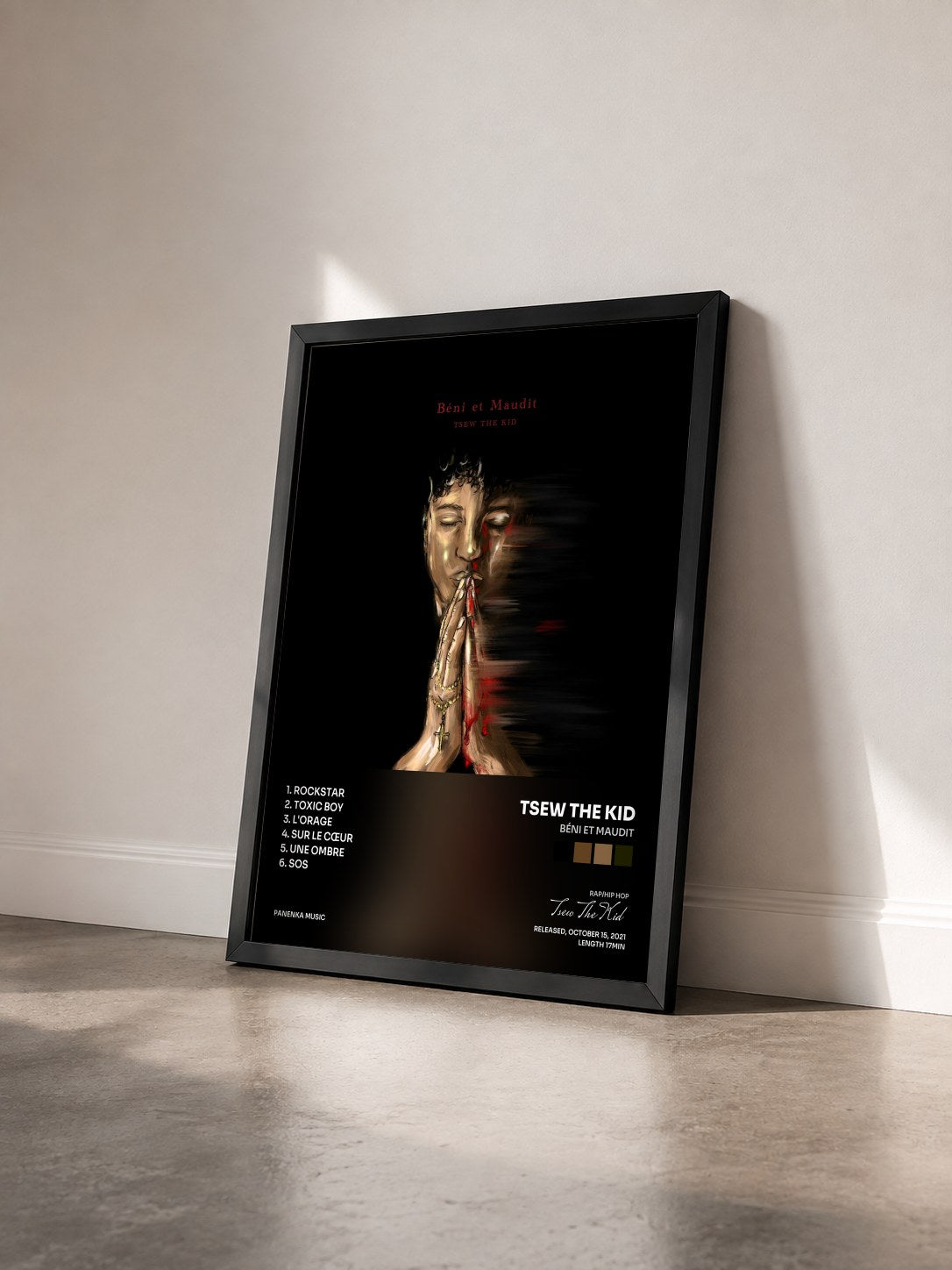#noir Tableau de l'album Béni et maudit de Tsew The Kid vu de trois quarts, cadre noir