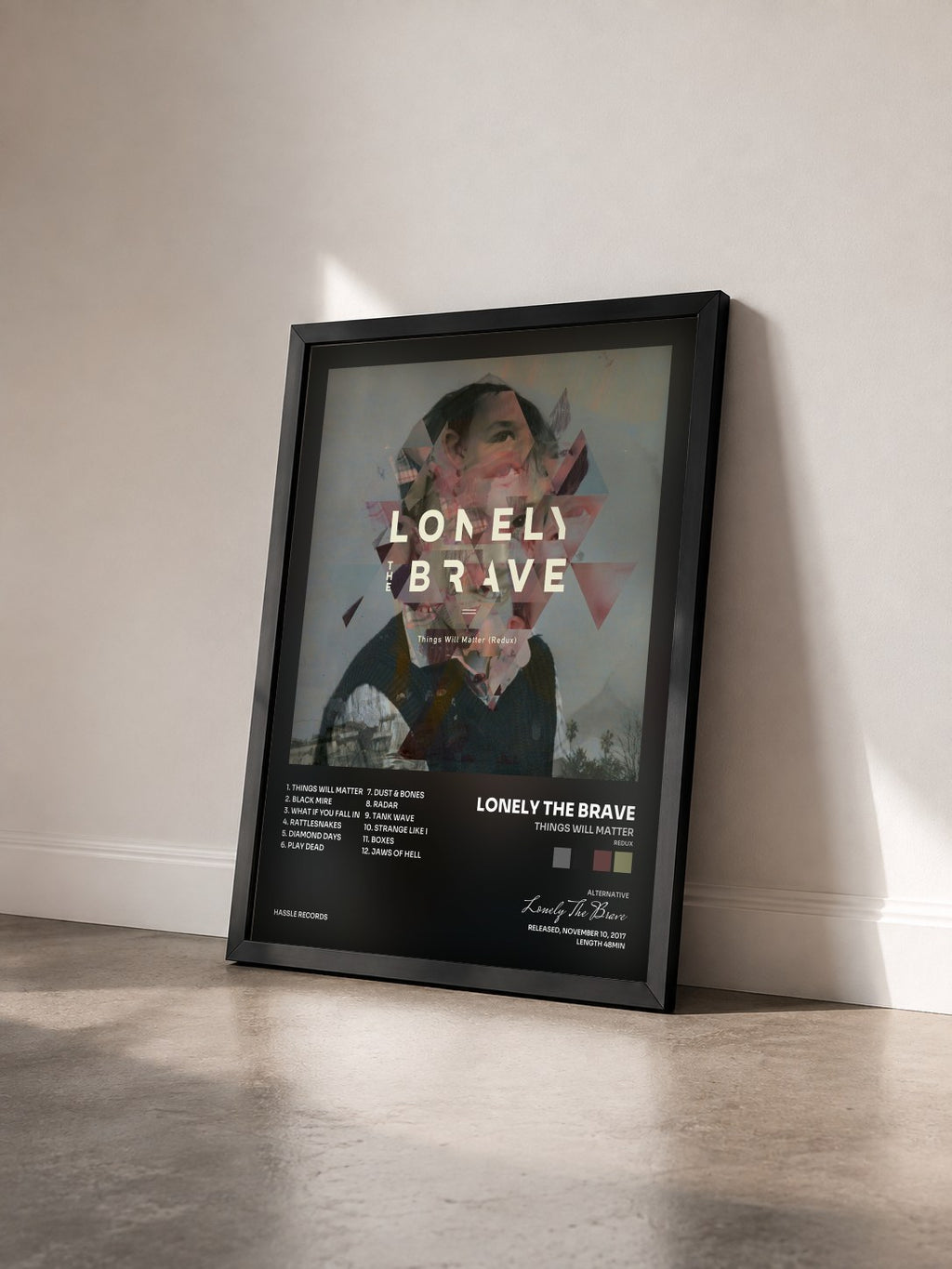 #noir Tableau de l'album Things Will Matter (Redux) de Lonely The Brave vu de trois quarts, cadre noir