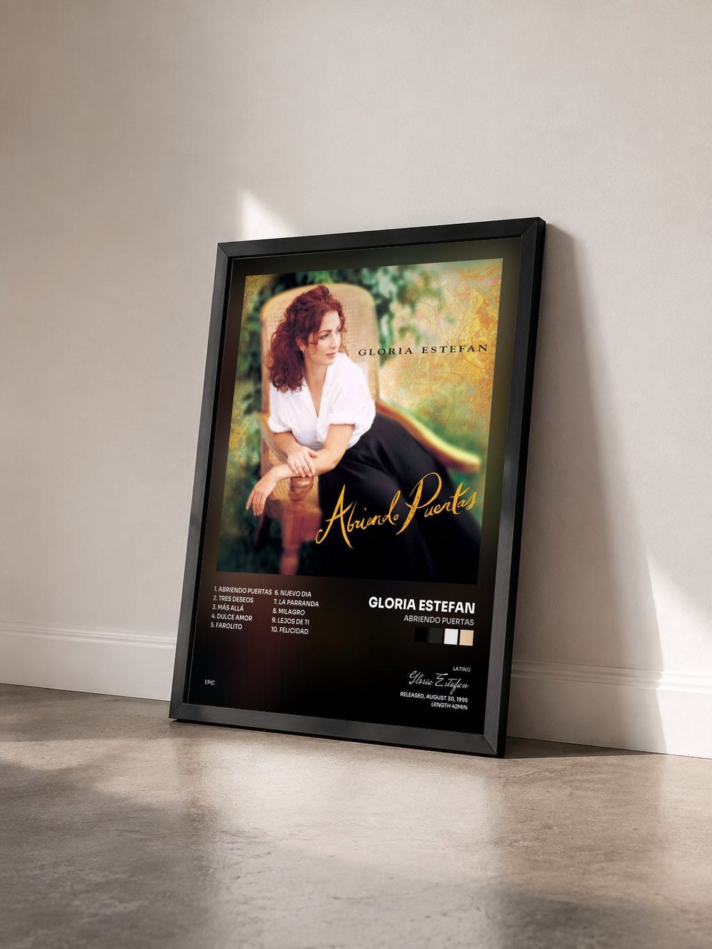 #noir Tableau de l'album Abriendo Puertas de Gloria Estefan vu de trois quarts, cadre noir