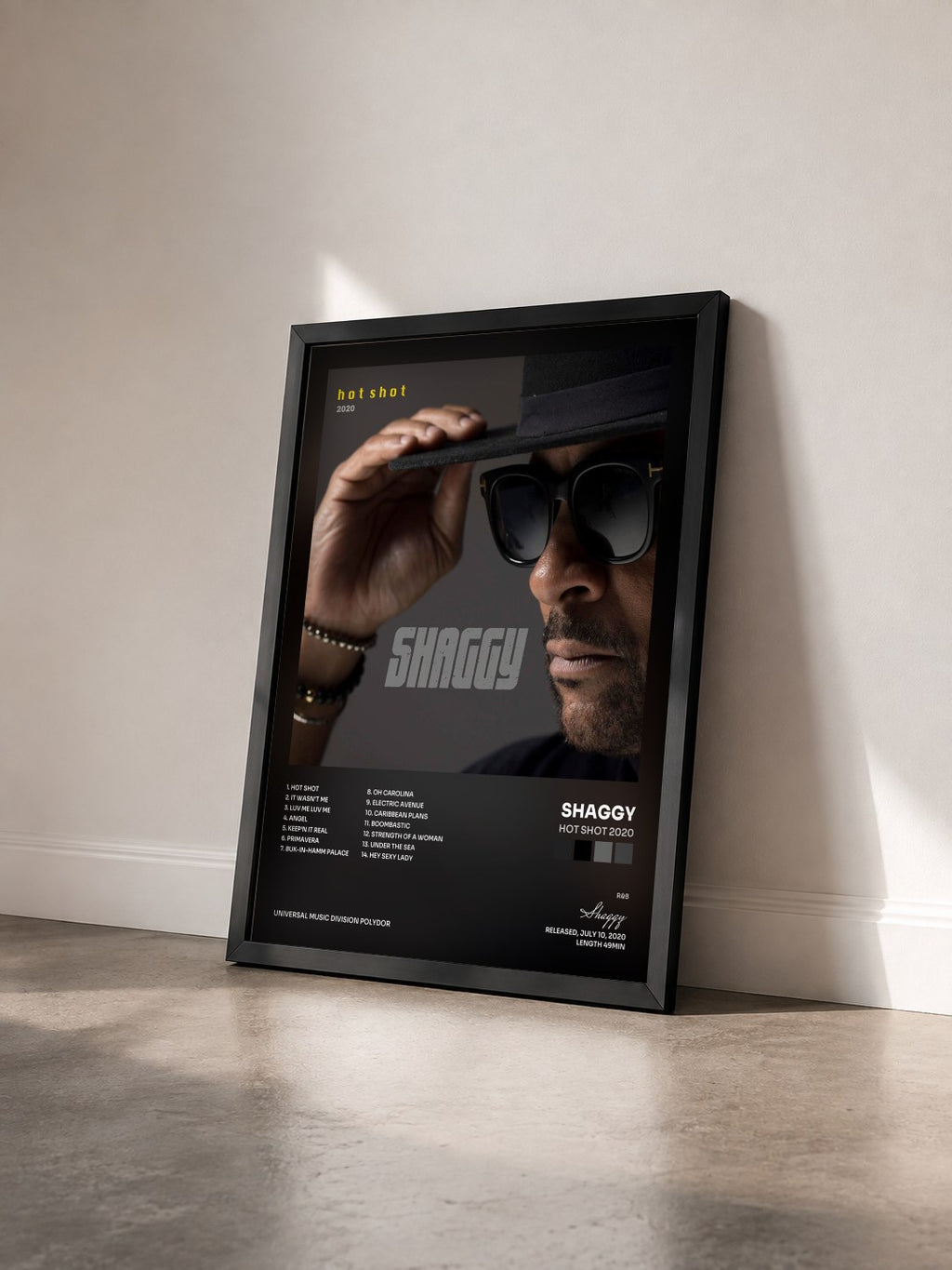 #noir Tableau de l'album Hot Shot 2020 de Shaggy vu de trois quarts, cadre noir