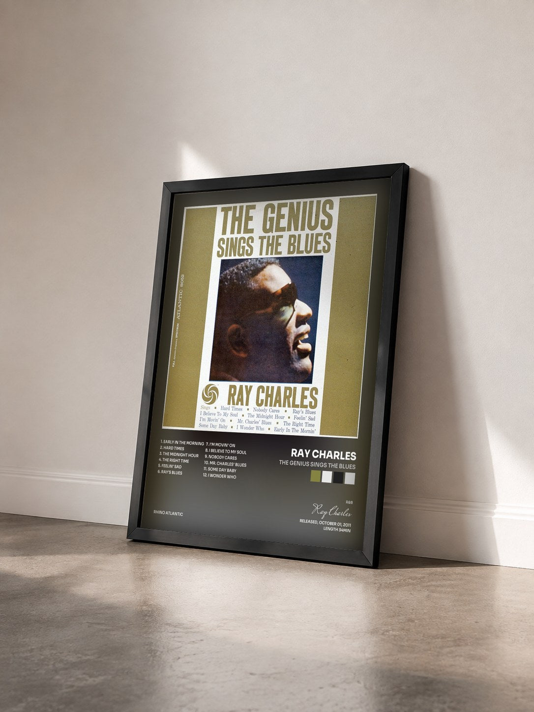 #noir Tableau de l'album The Genius Sings the Blues de Ray Charles vu de trois quarts, cadre noir