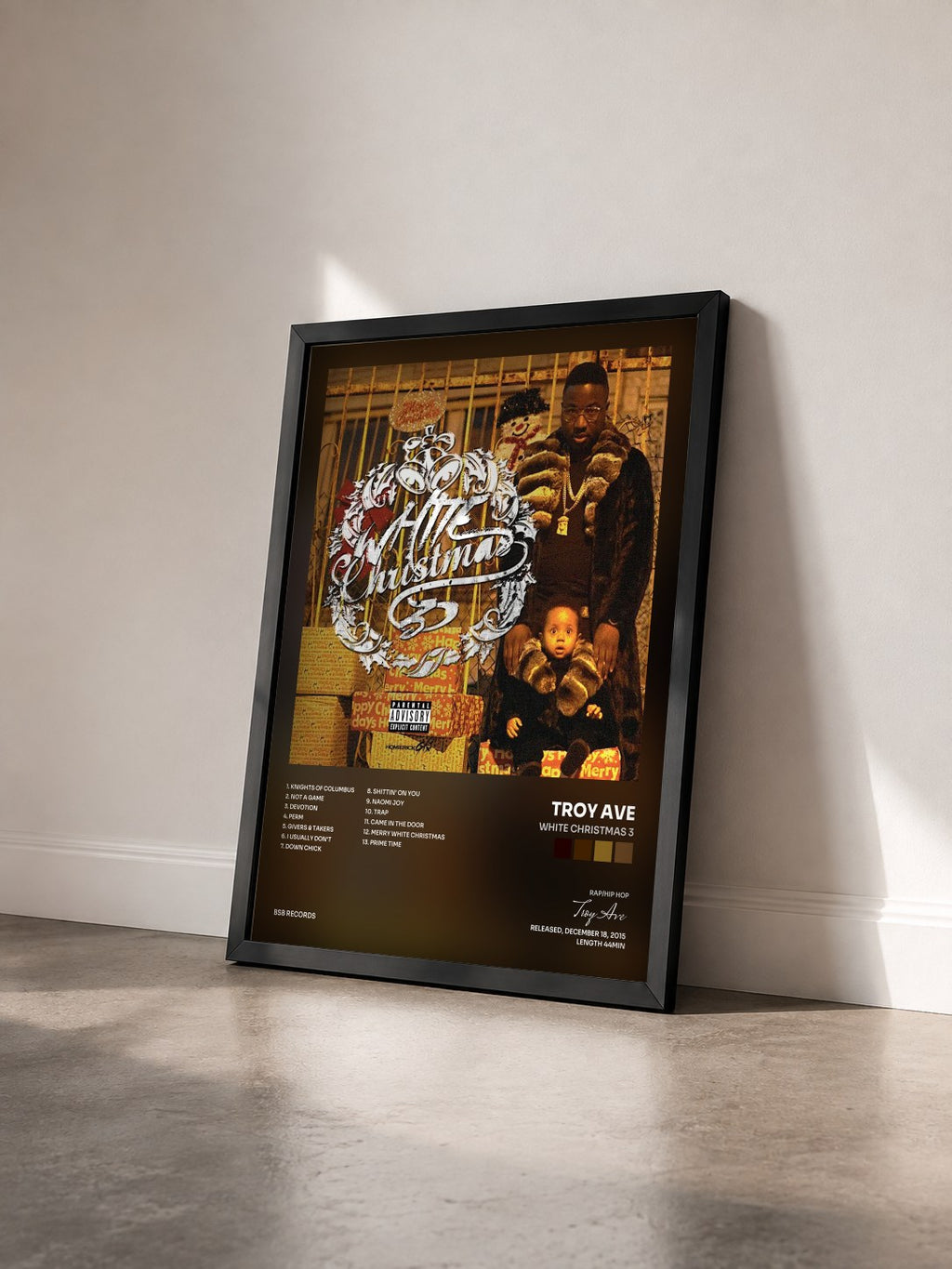 #noir Tableau de l'album White Christmas 3 de Troy Ave vu de trois quarts, cadre noir