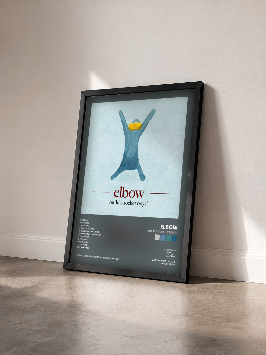 #noir Tableau de l'album build a rocket boys! de Elbow vu de trois quarts, cadre noir