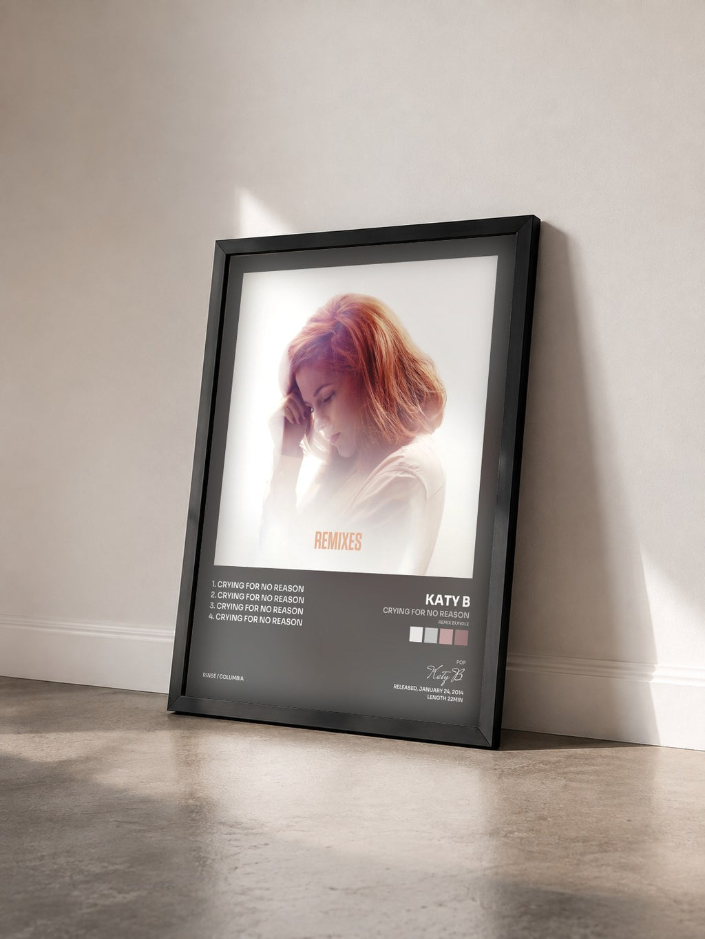 #noir Tableau de l'album Crying for No Reason (Remix Bundle) de Katy B vu de trois quarts, cadre noir