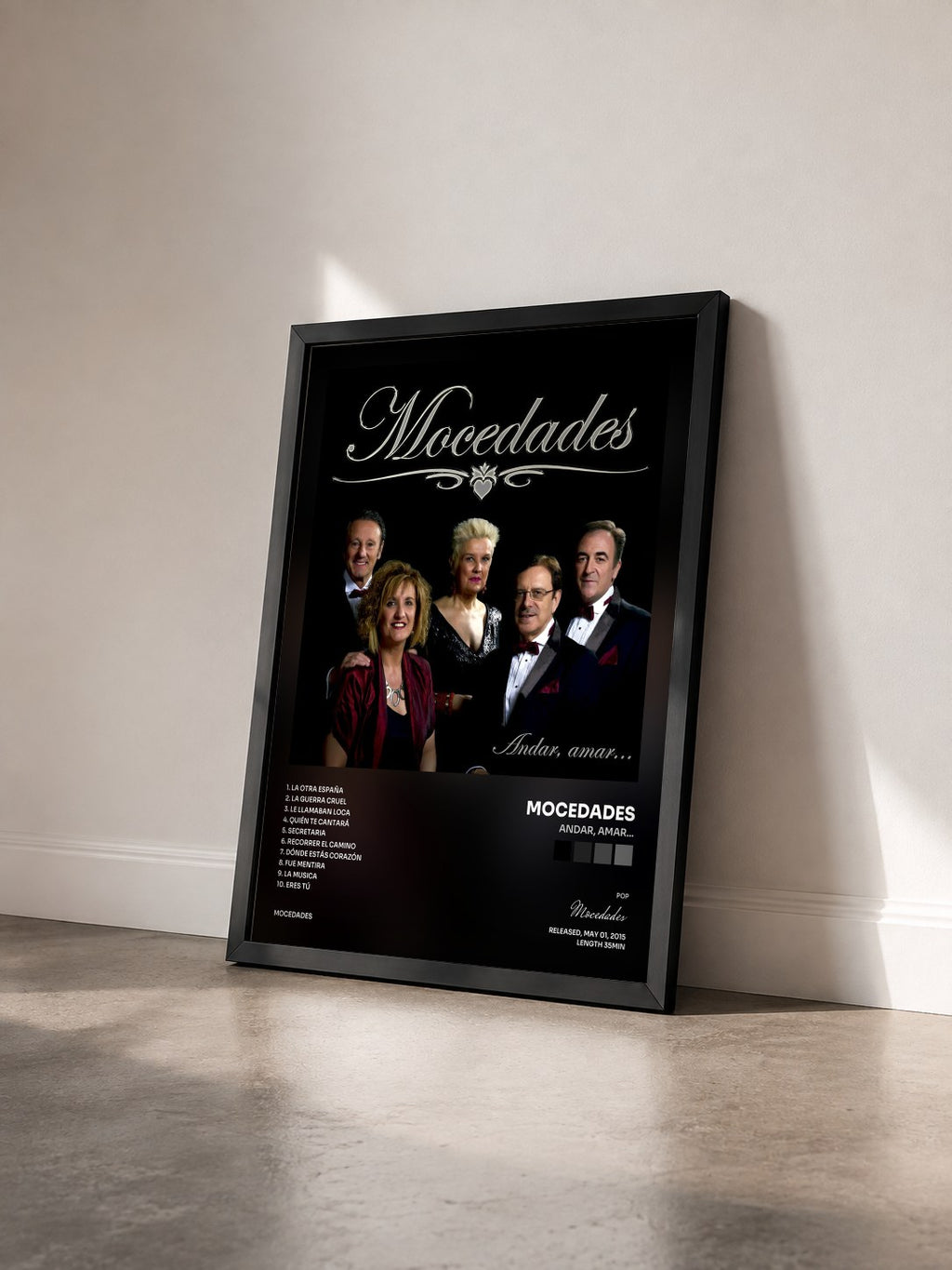 #noir Tableau de l'album Andar, Amar... de Mocedades vu de trois quarts, cadre noir