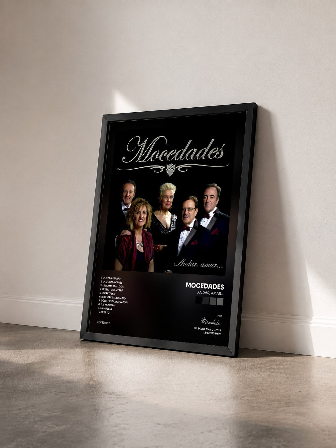 #noir Tableau de l'album Andar, Amar... de Mocedades vu de trois quarts, cadre noir