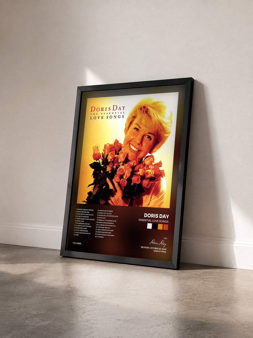 #noir Tableau de l'album Essential Love Songs de Doris Day vu de trois quarts, cadre noir