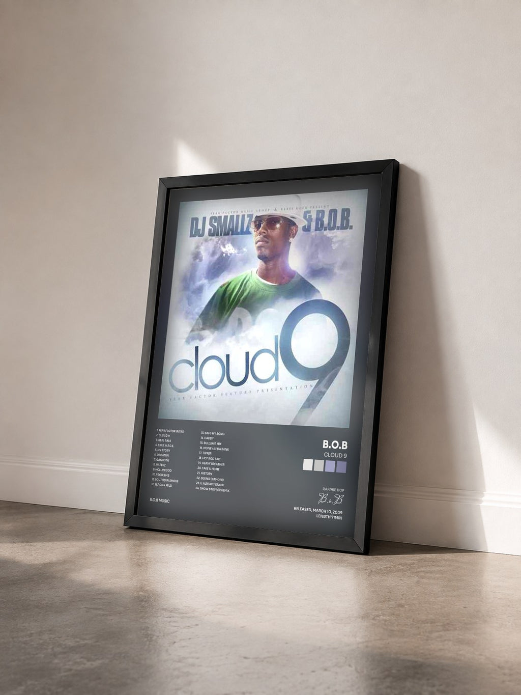 #noir Tableau de l'album Cloud 9 de B.o.B vu de trois quarts, cadre noir