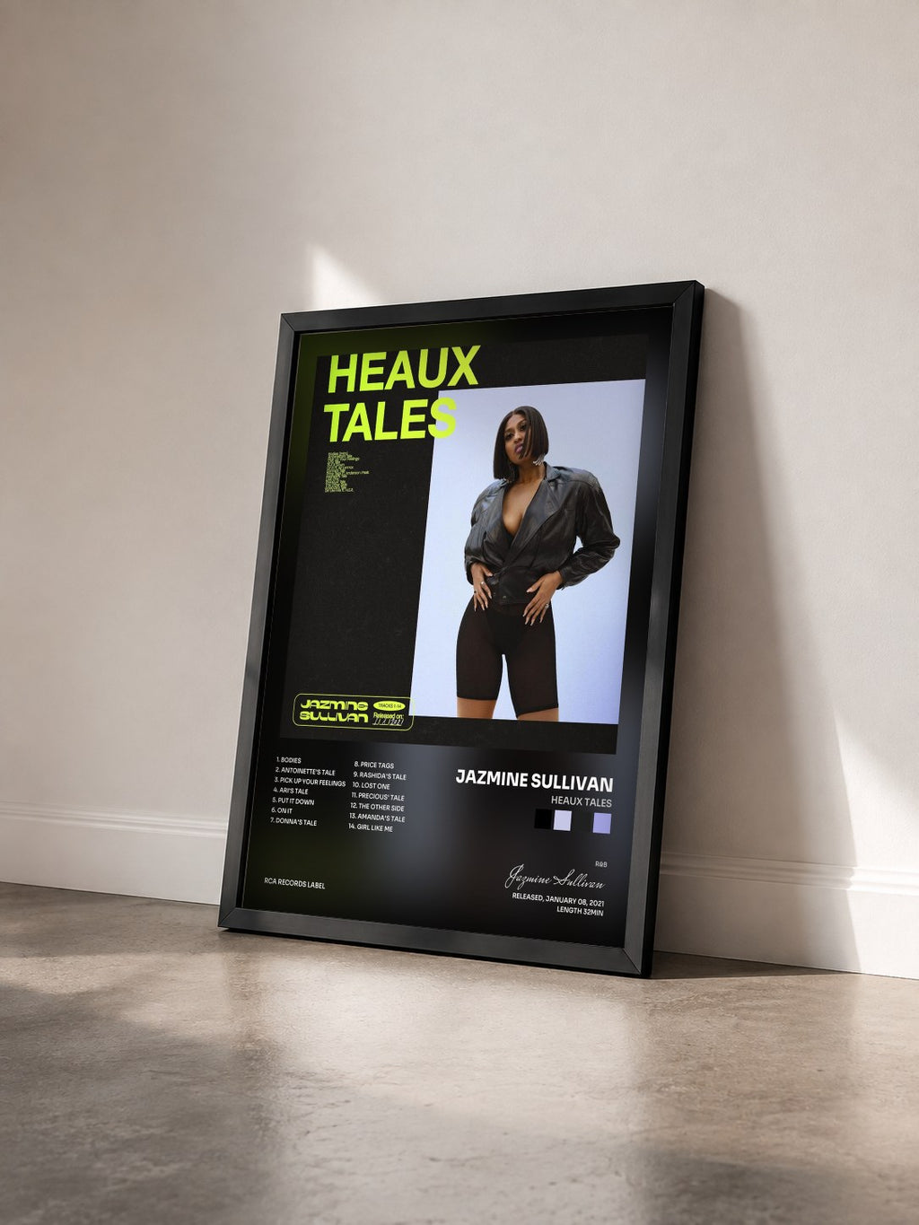 #noir Tableau de l'album Heaux Tales de Jazmine Sullivan vu de trois quarts, cadre noir