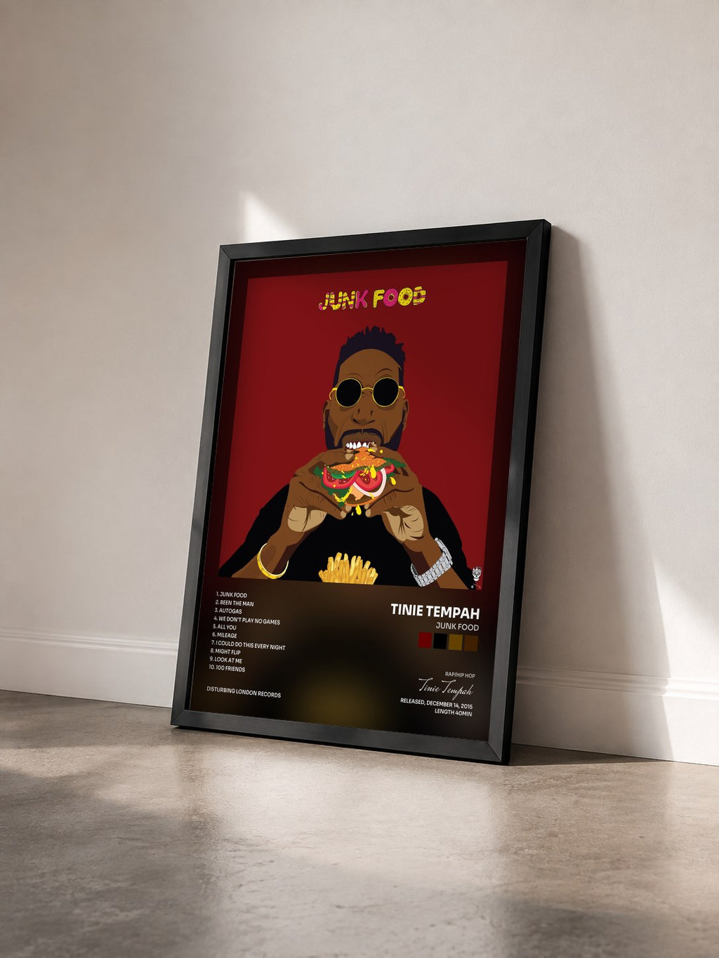 #noir Tableau de l'album Junk Food de Tinie Tempah vu de trois quarts, cadre noir