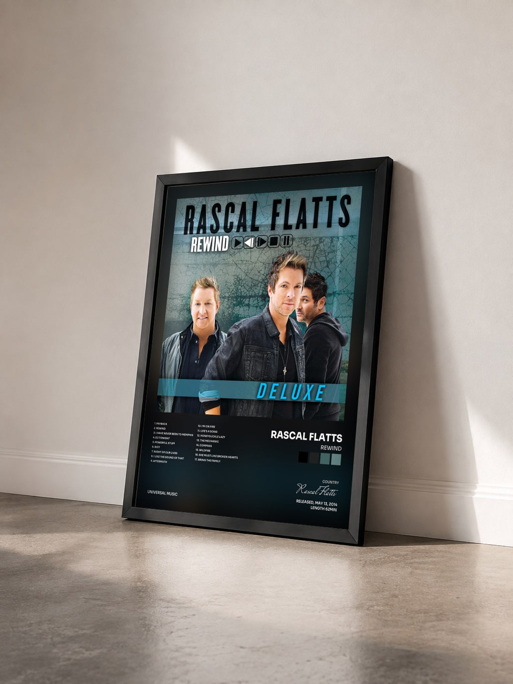 #noir Tableau de l'album Rewind de Rascal Flatts vu de trois quarts, cadre noir