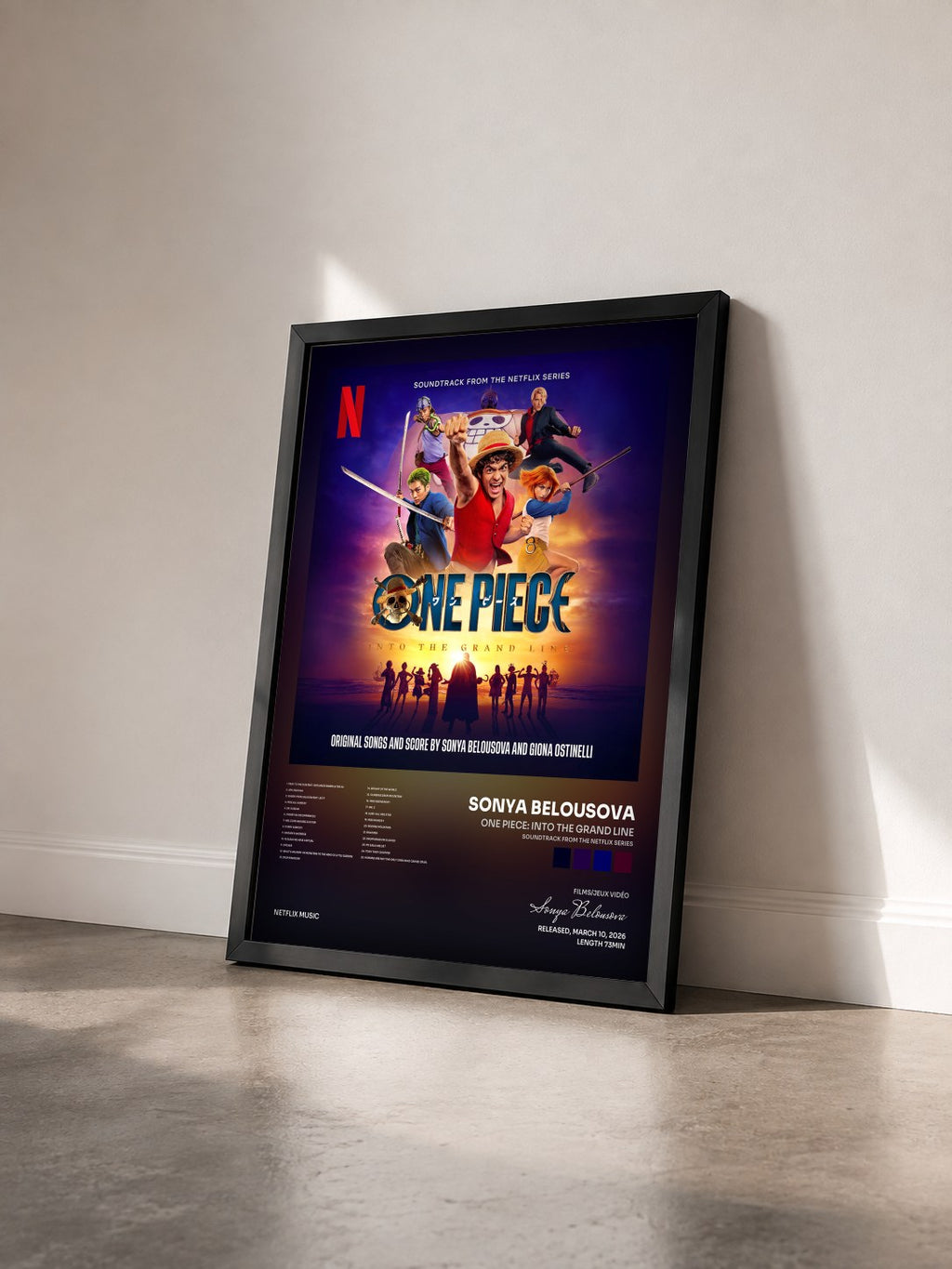 #noir One Piece: Into the Grand Line (Soundtrack from the Netflix Series) von Sonya Belousova als gerahmter Kunstdruck von schräg gesehen, schwarzer Rahmen
