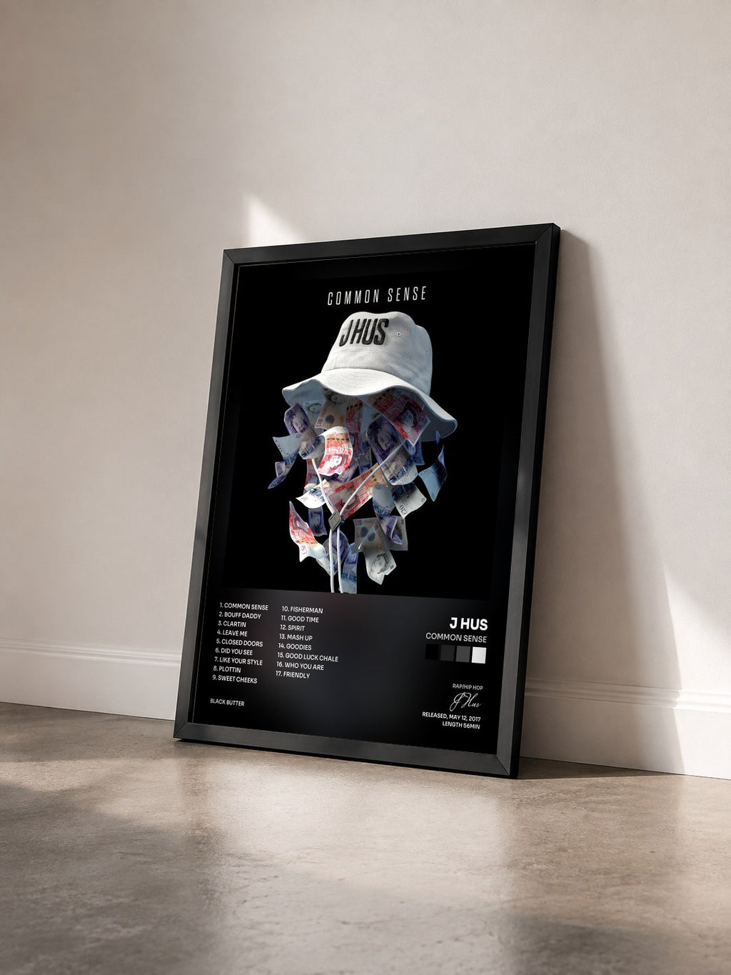 #noir Tableau de l'album Common Sense de J Hus vu de trois quarts, cadre noir