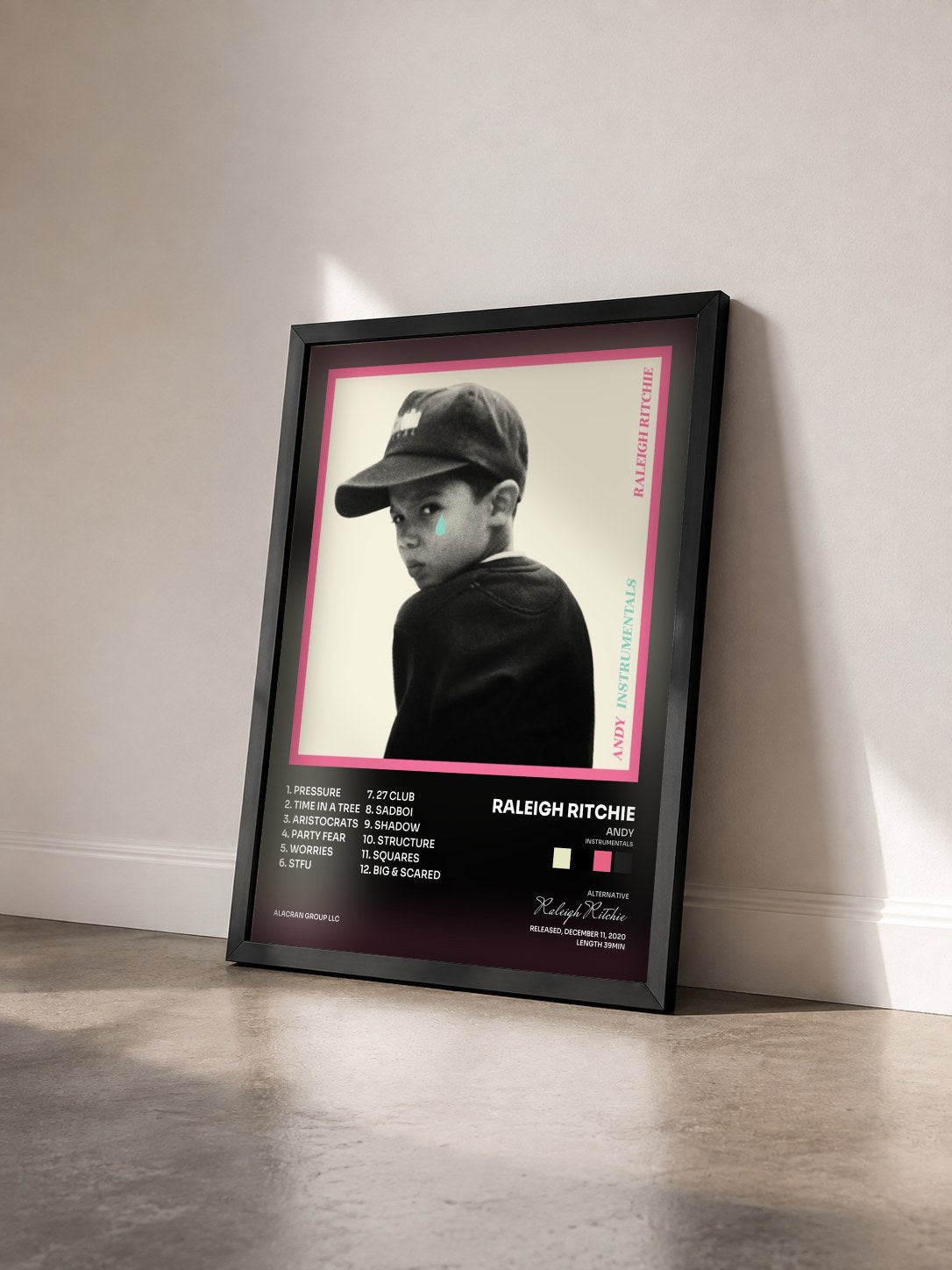 #noir Tableau de l'album Andy (Instrumentals) de Raleigh Ritchie vu de trois quarts, cadre noir