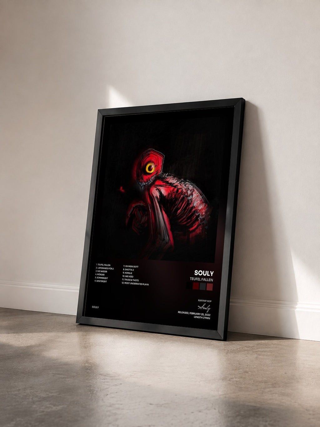 #noir Tableau de l'album Teufel Fallen de Souly vu de trois quarts, cadre noir