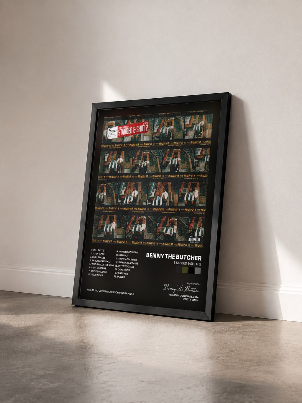 #noir Tableau de l'album STABBED & SHOT 2 de Benny The Butcher vu de trois quarts, cadre noir