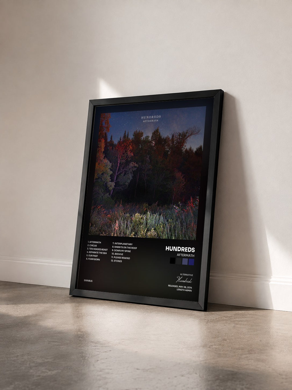 #noir Tableau de l'album Aftermath de Hundreds vu de trois quarts, cadre noir