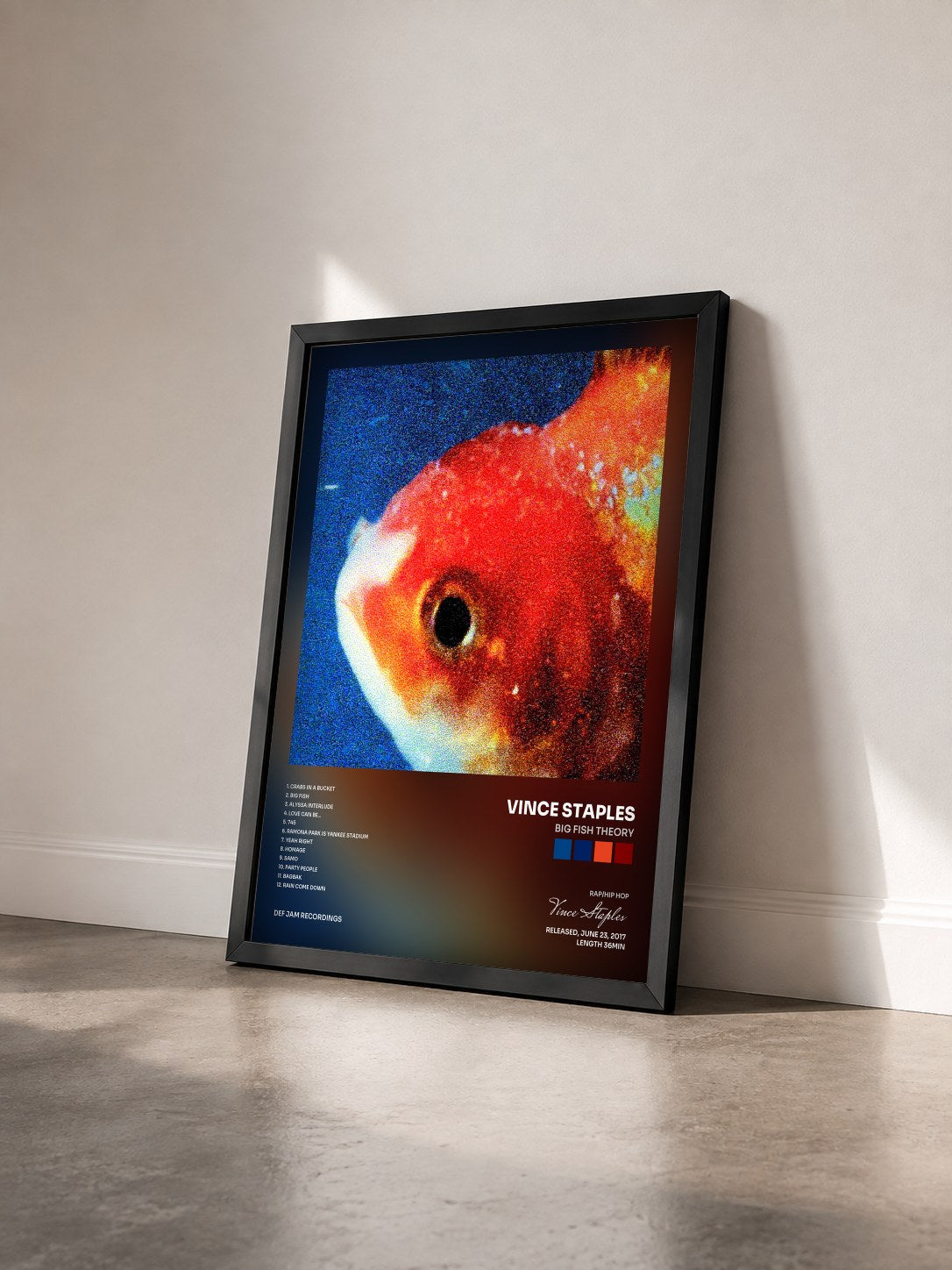 #noir Tableau de l'album Big Fish Theory de Vince Staples vu de trois quarts, cadre noir