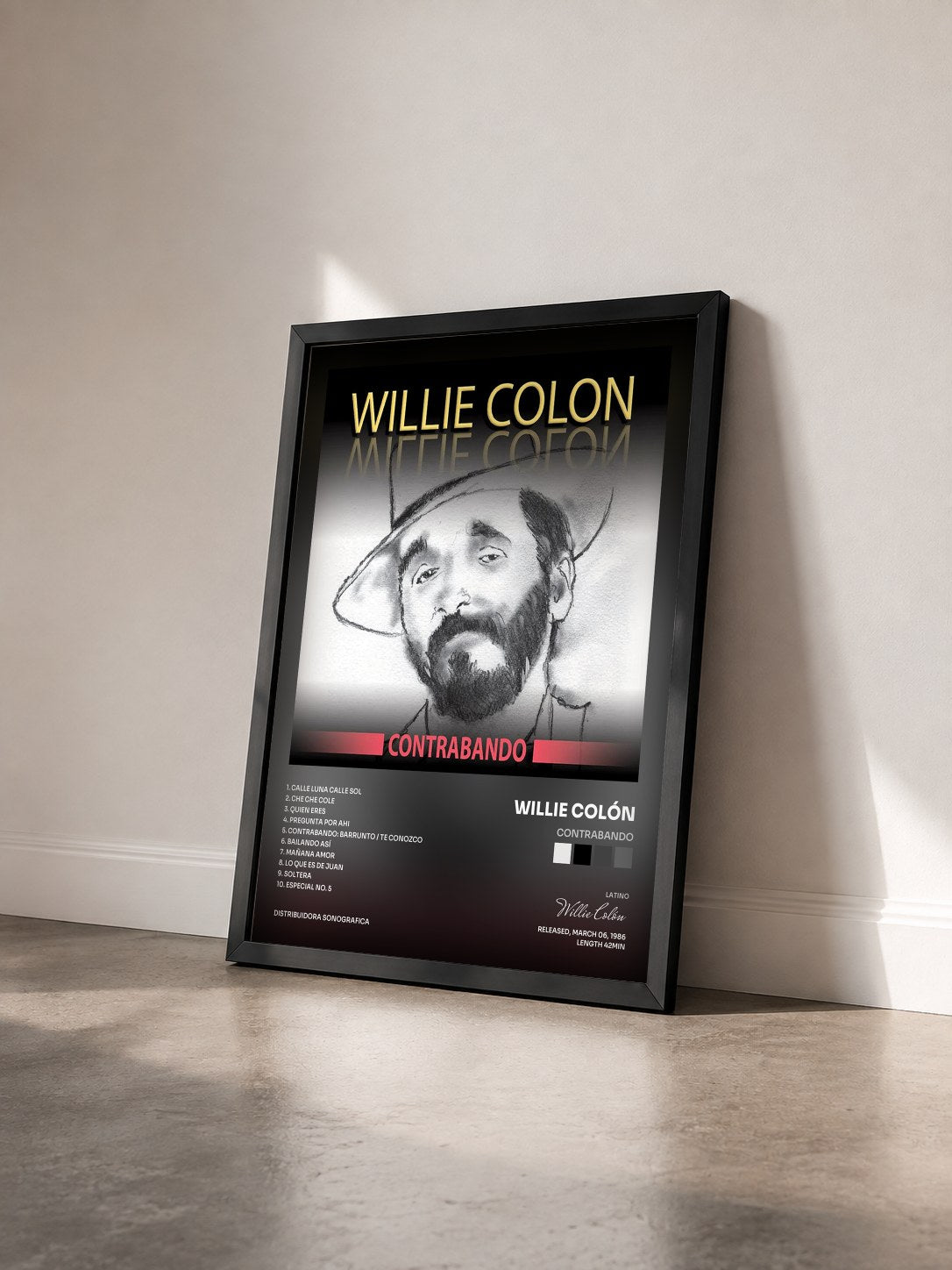 #noir Tableau de l'album Contrabando de Willie Colón vu de trois quarts, cadre noir