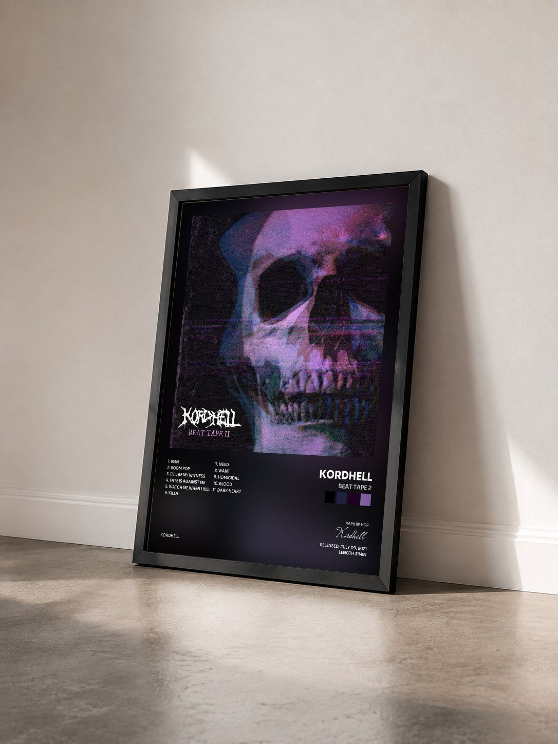 #noir Tableau de l'album Beat Tape 2 de Kordhell vu de trois quarts, cadre noir