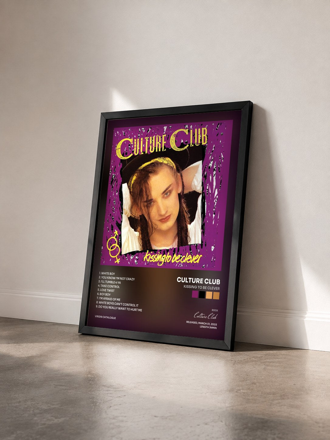 #noir Tableau de l'album Kissing To Be Clever de Culture Club vu de trois quarts, cadre noir