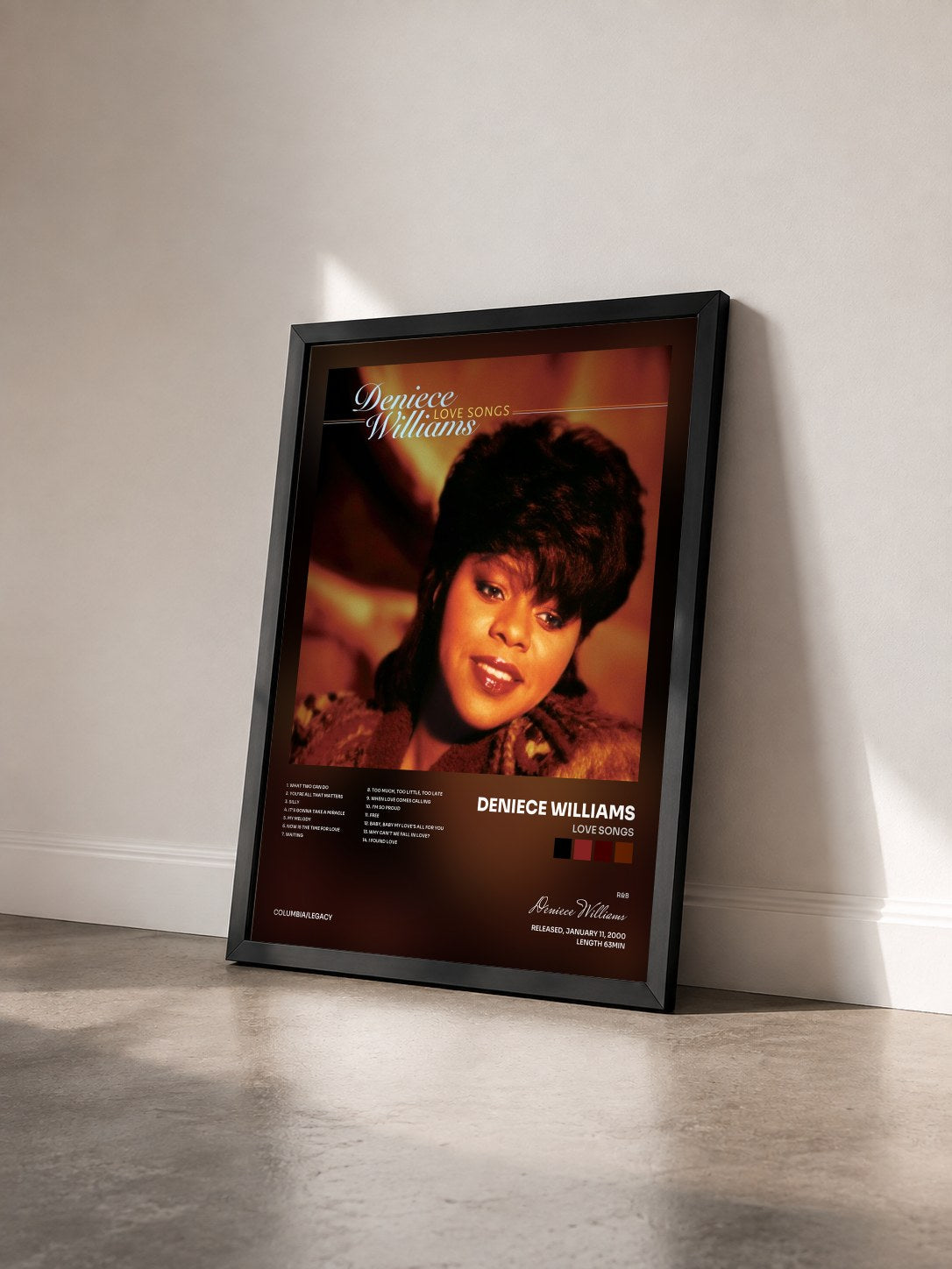 #noir Tableau de l'album Love Songs de Deniece Williams vu de trois quarts, cadre noir