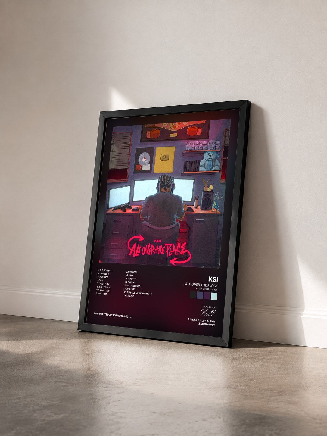 #noir Tableau de l'album All Over The Place (Platinum VIP Edition) de KSI vu de trois quarts, cadre noir