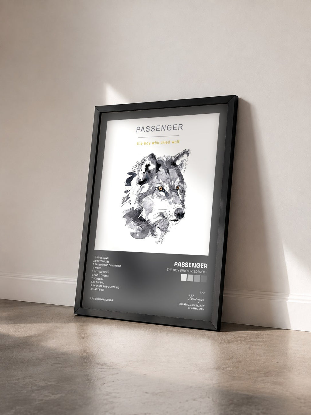 #noir Tableau de l'album The Boy Who Cried Wolf de Passenger vu de trois quarts, cadre noir
