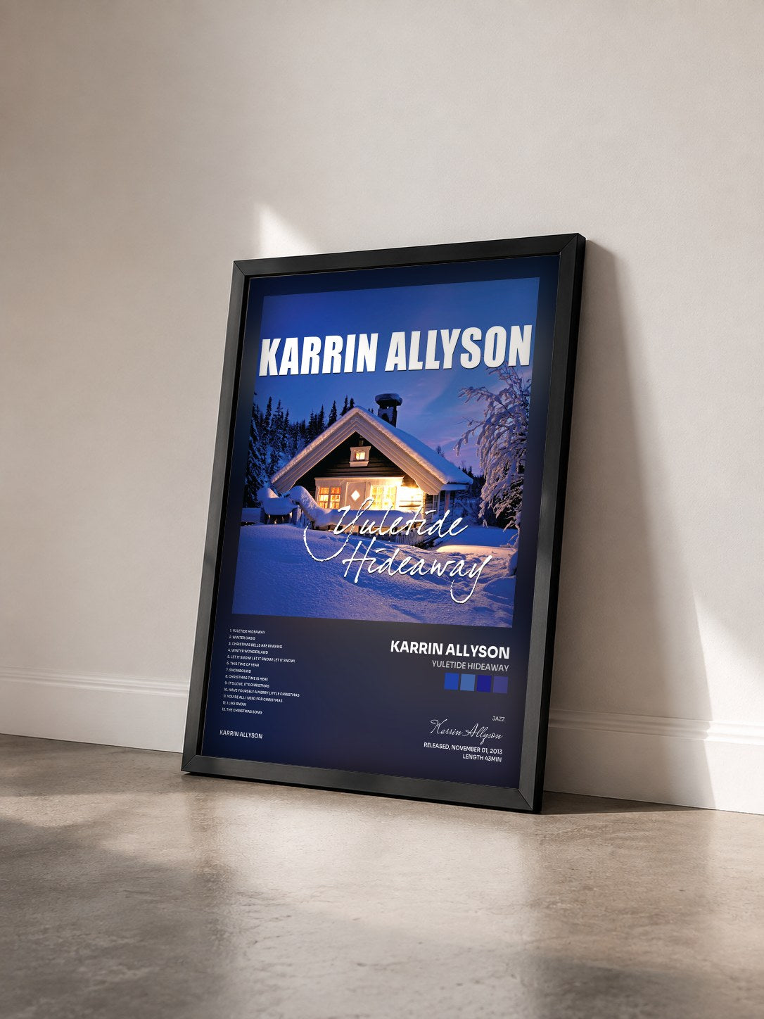 #noir Tableau de l'album Yuletide Hideaway de Karrin Allyson vu de trois quarts, cadre noir