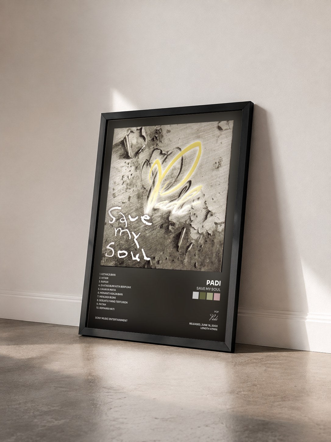 #noir Tableau de l'album Save My Soul de Padi vu de trois quarts, cadre noir