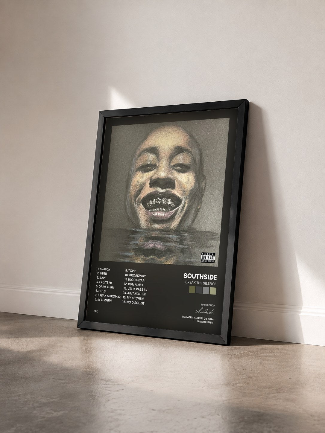 #noir Tableau de l'album BREAK THE SILENCE de Southside vu de trois quarts, cadre noir