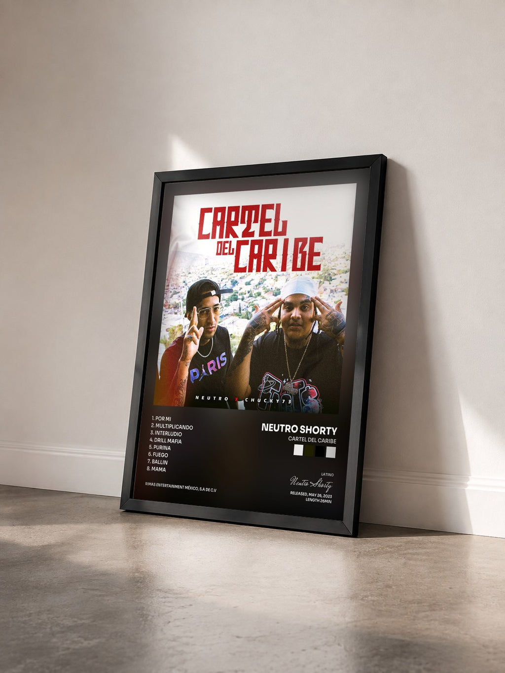 #noir Tableau de l'album Cartel del Caribe de Neutro Shorty vu de trois quarts, cadre noir