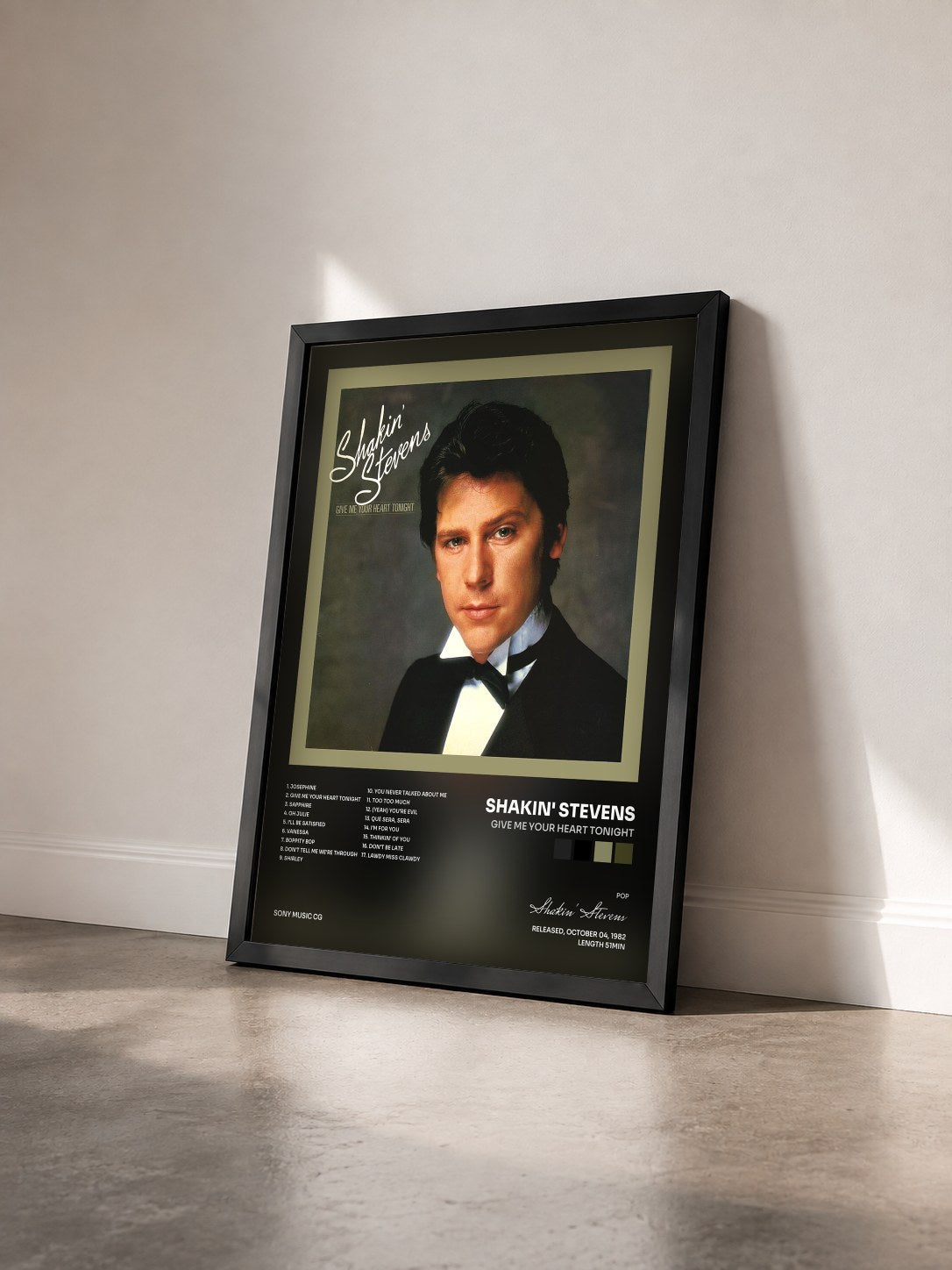 #noir Tableau de l'album Give Me Your Heart Tonight de Shakin' Stevens vu de trois quarts, cadre noir